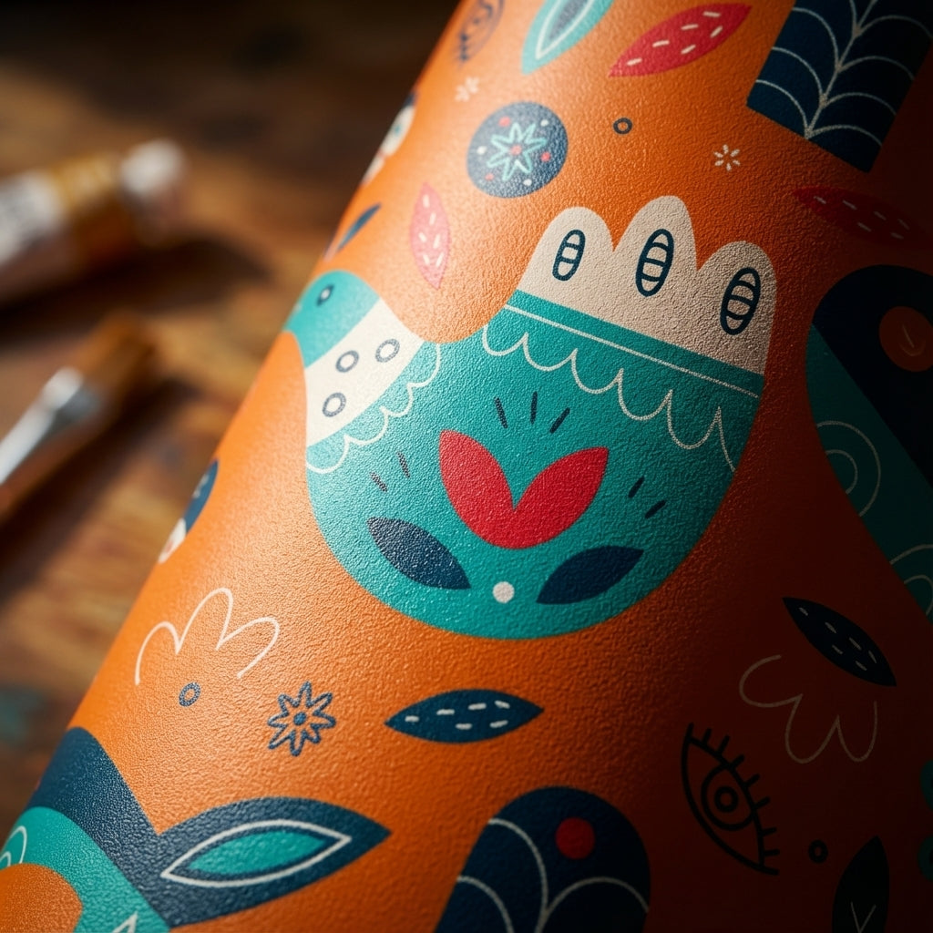 Detail shot - Orange Grouse 12 oz tumbler featuring Scandinavian folk art pattern with stylized birds and floral motifs in teal and red, sitting on a wooden surface.