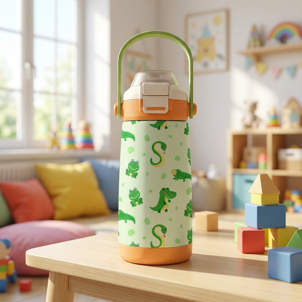 Light green LAMOSE Goose water bottle featuring cartoon crocodiles, frogs, and an S-shaped snake pattern with a bright orange lid and handle.