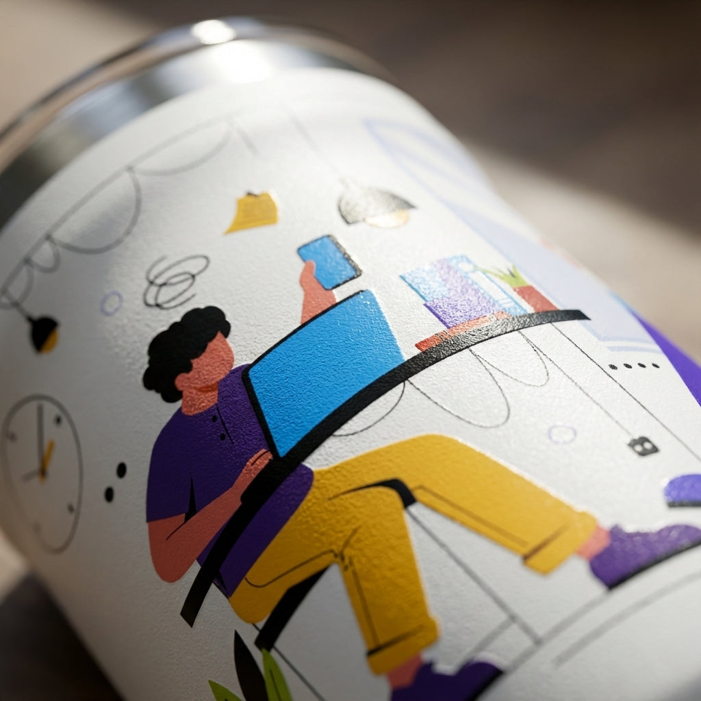 Detail shot - White Peyto 12oz mug featuring cartoon illustrations of office workers, laptops, and floating papers in yellow, purple, and blue flat design style.