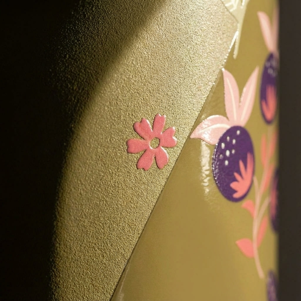 Detail shot - Close-up of olive green 34oz insulated water bottle featuring pink and purple botanical wildflower pattern resting on a beige knit blanket.