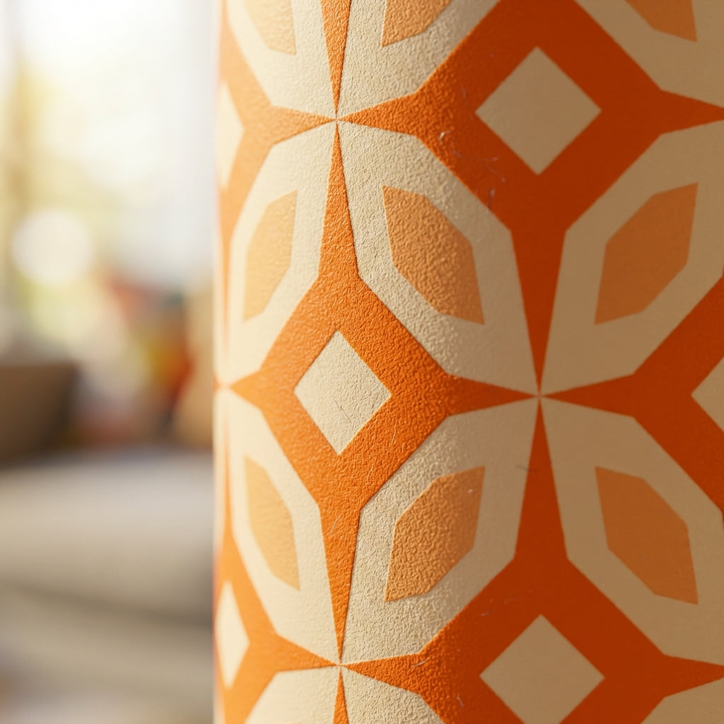 Detail shot - Close-up of Grouse 12oz tumbler featuring an orange and cream geometric diamond pattern on a wooden surface.