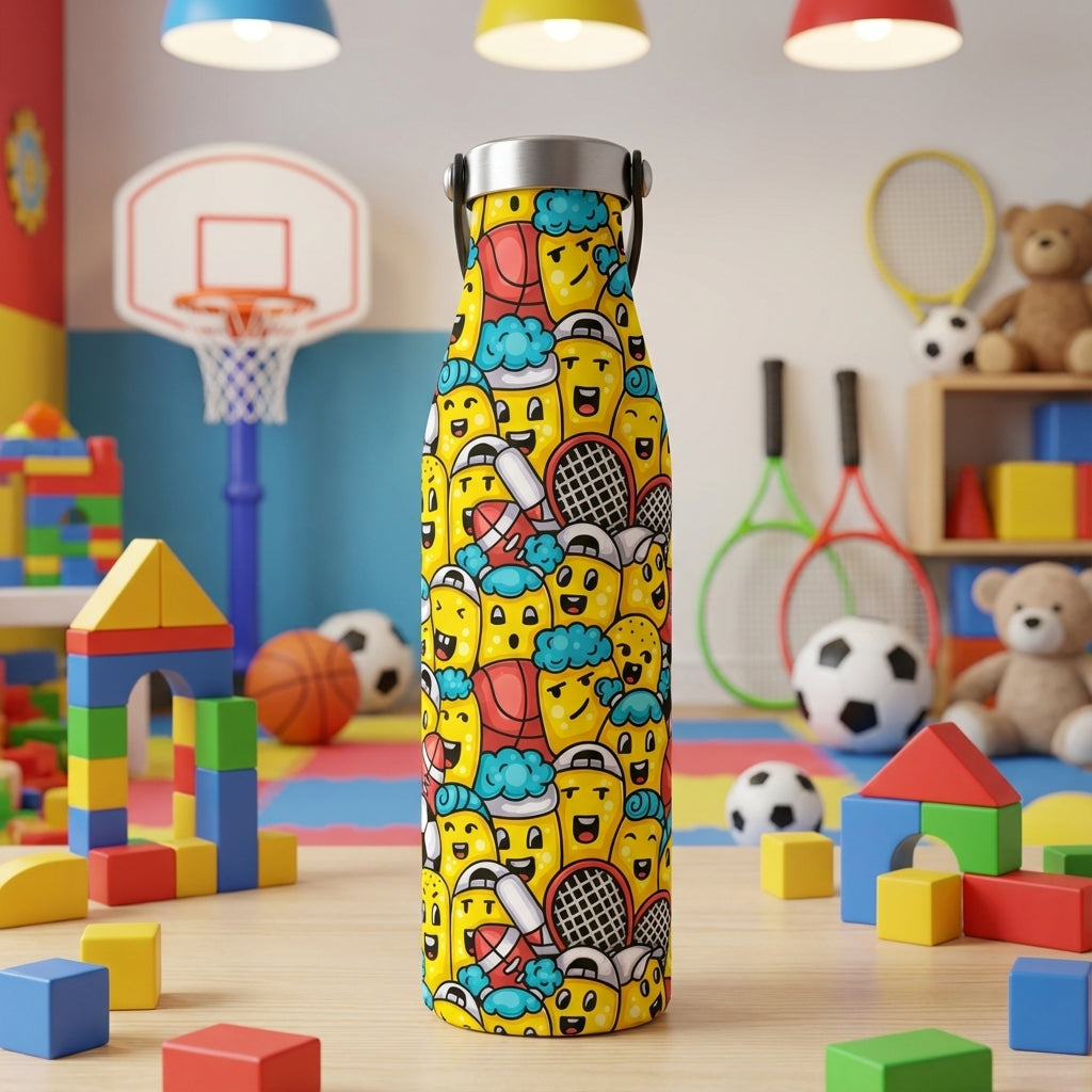 Silver Robson 21 oz insulated water bottle featuring yellow cartoon characters, basketballs, tennis rackets, and baseballs sitting in a child's playroom.