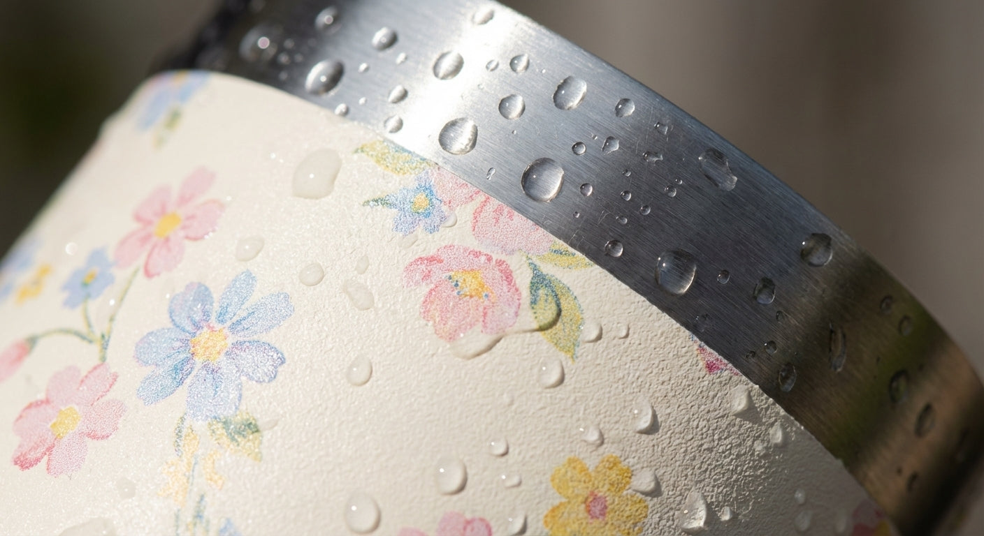 Detail shot - Cream 40oz insulated tumbler featuring pastel pink and blue flowers with a pale yellow handle and lid standing in sunlight.