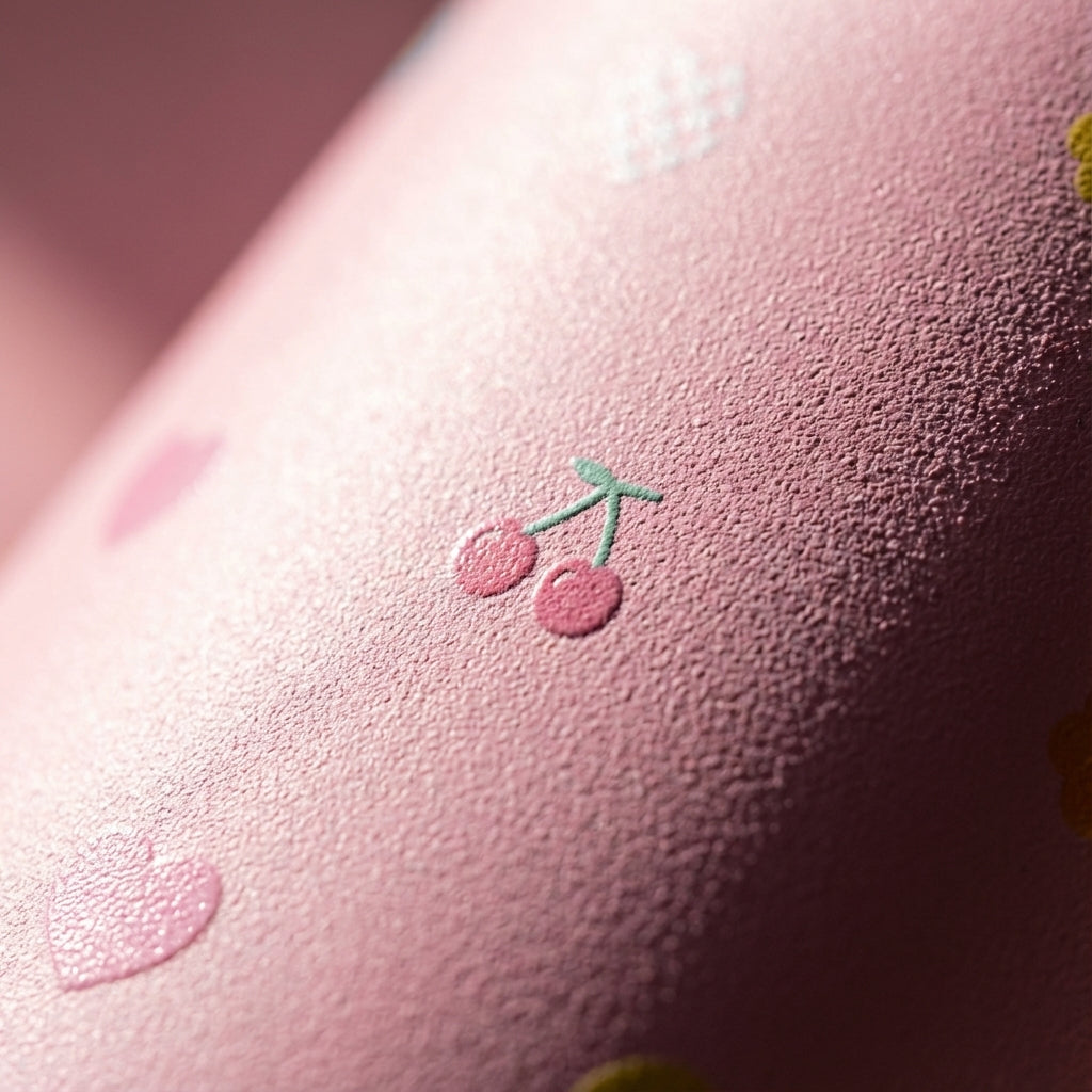 Detail shot - Light pink Goose 14oz kids water bottle featuring a pattern of pastel smiley faces, cherries, and hearts, with a lilac top and pale green handle.