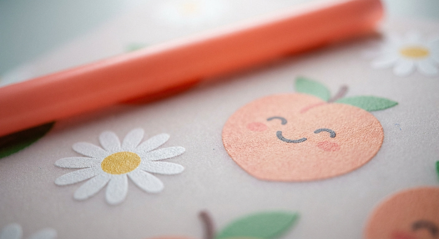 Detail shot - Cream colored 16oz tumbler featuring a pattern of cartoon peaches with happy faces and white daisies, topped with a coral lid and straw.