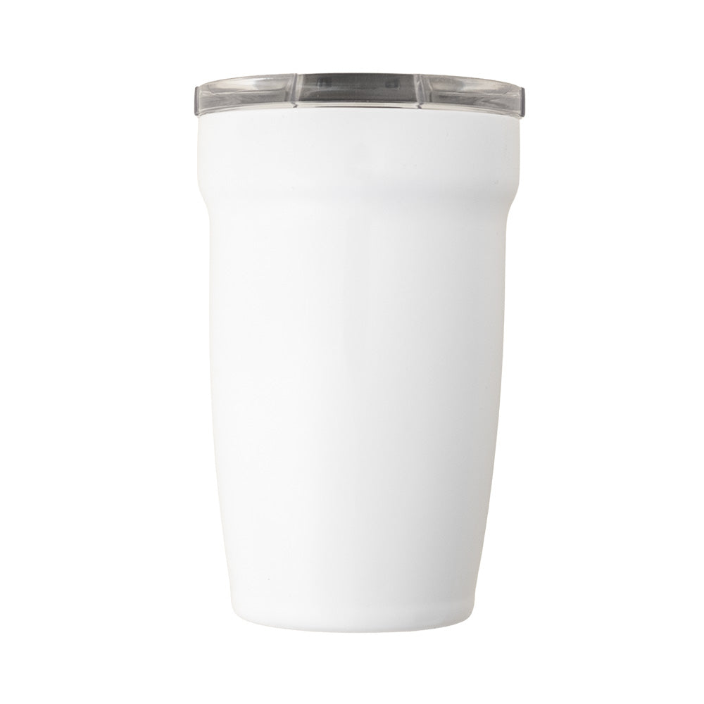 LAMOSE Peyto Pro Enamel 12 oz tumbler in white, shown from the front with a clear and dark grey spill-proof lid.