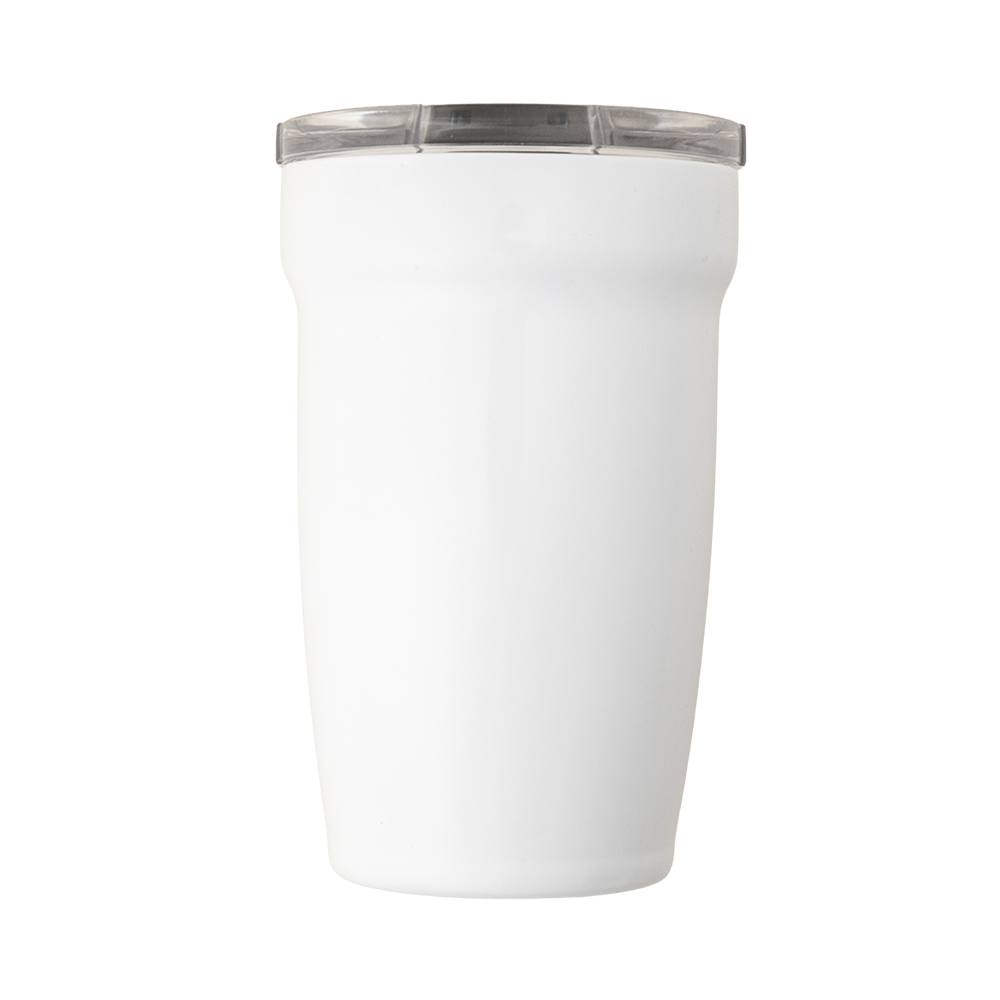 LAMOSE Peyto Pro Enamel 12 oz insulated tumbler in Snow white with clear lid, front view.