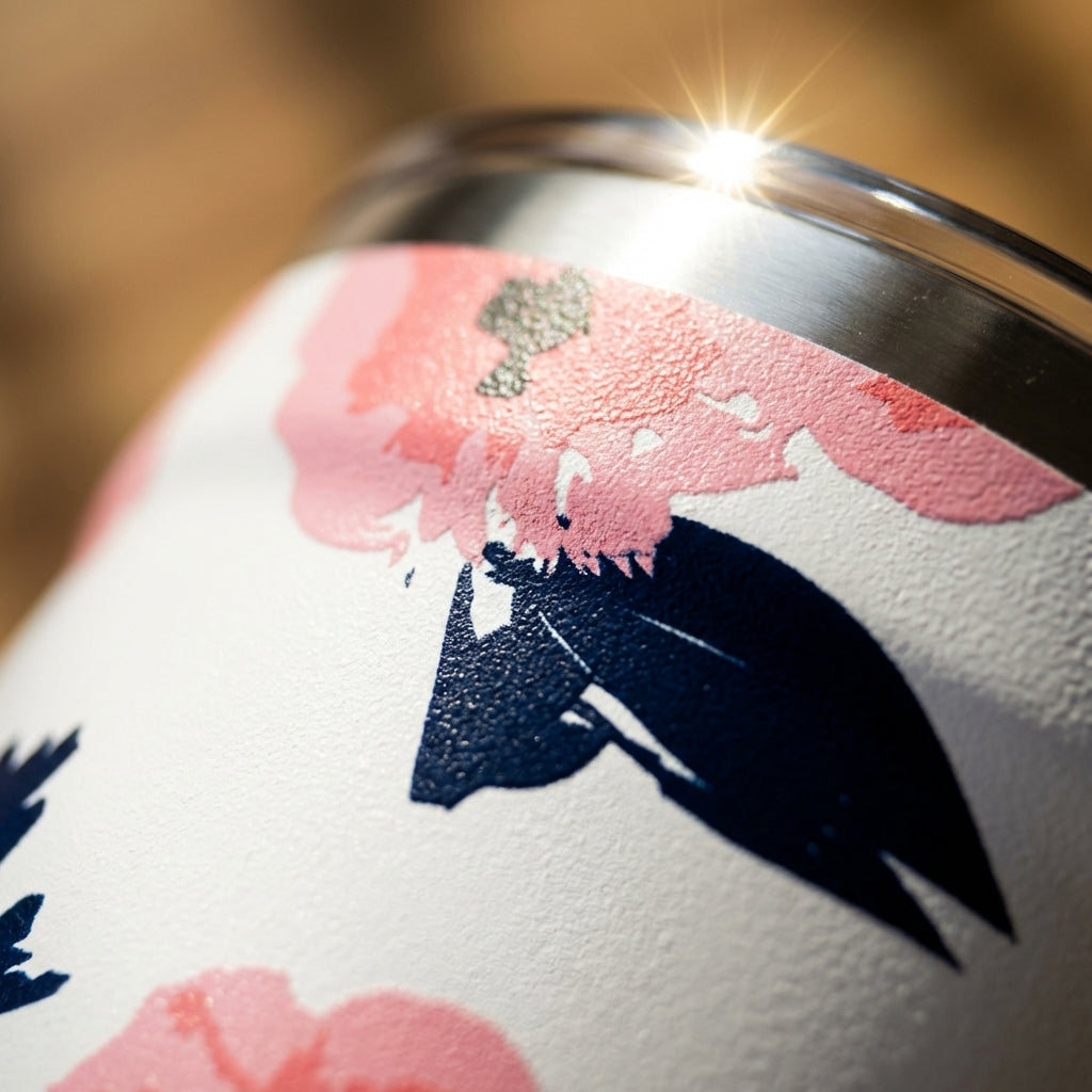 Detail shot - White 16oz insulated travel cup featuring a repeating pattern of pink flowers and dark blue leaves with a stainless steel rim.