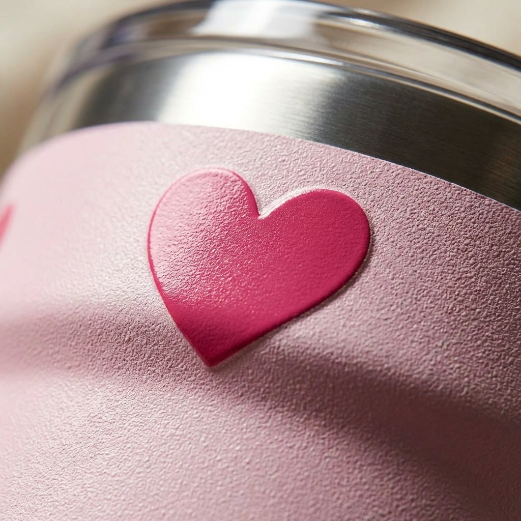 Detail shot - LAMOSE Peyto 16oz pink travel tumbler with dark pink heart pattern sitting on white bedding next to a romance novel.