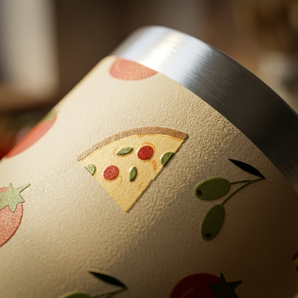 Detail shot - LAMOSE Cascade 40oz tumbler in beige featuring a rustic pattern of pizza slices, olives, and tomatoes on a wooden table.