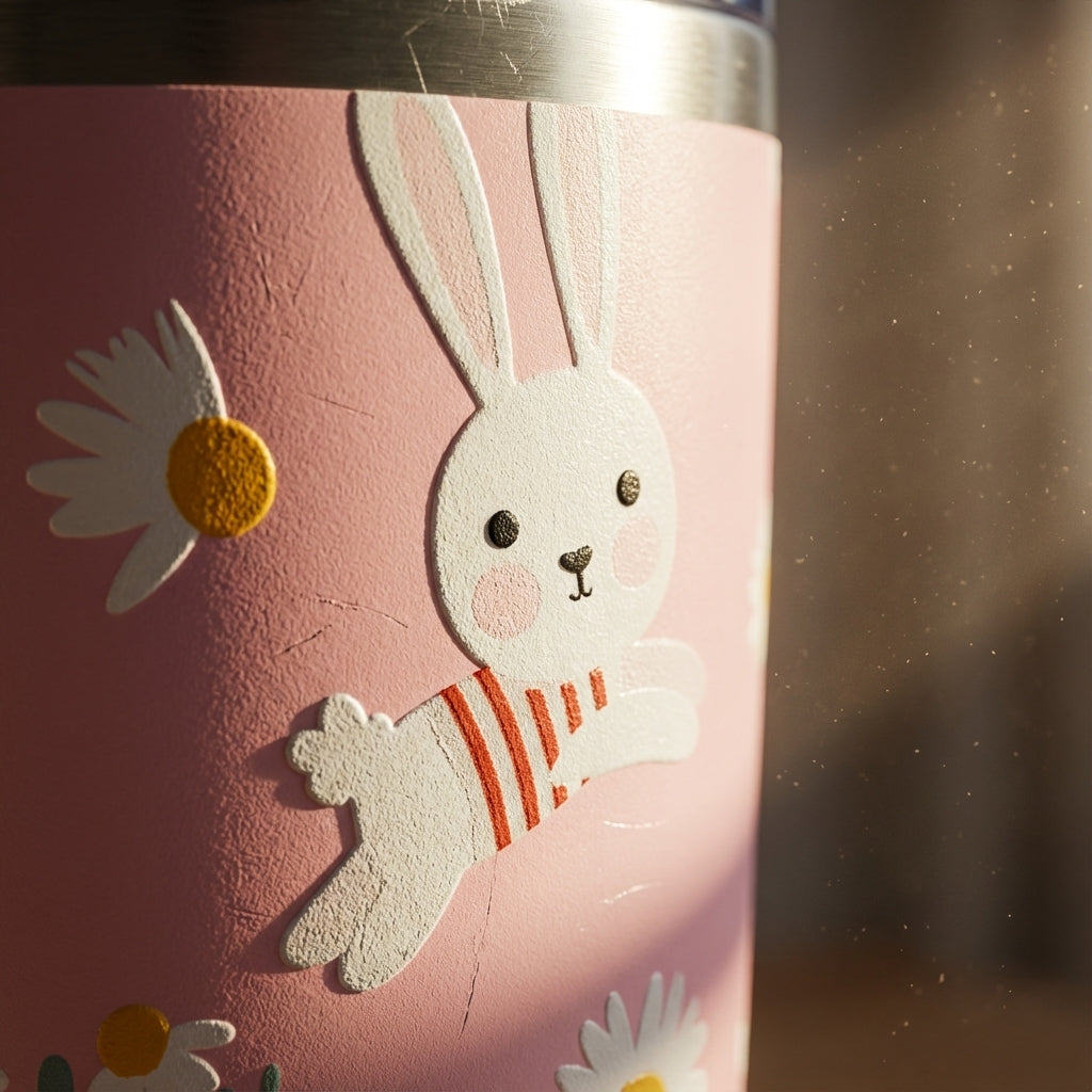 Detail shot - Pink Logan Pro 16oz tumbler featuring a seamless pattern of cartoon white rabbits in striped shirts and white daisies on a wooden surface.