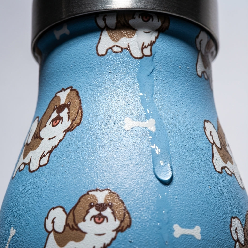 Detail shot - LAMOSE Robson 21 oz insulated water bottle featuring a light blue background with a cute repeating pattern of brown and white cartoon dogs and bones.
