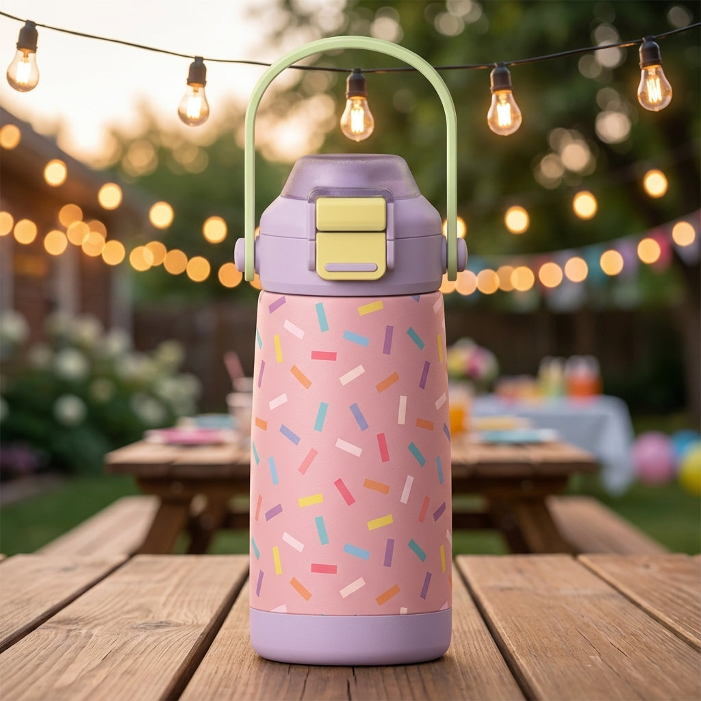 Pink LAMOSE Goose 14oz kids water bottle with colorful pastel sprinkles pattern standing on a wooden picnic table with blurred party lights in background.