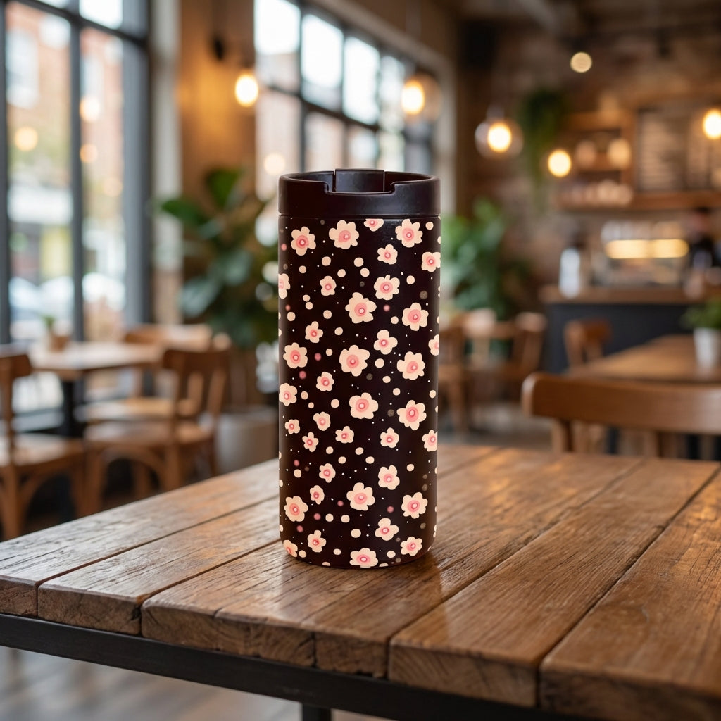 LAMOSE Grouse 12 oz tumbler with dark brown base and white and pink stylized floral pattern sitting on a wooden table.