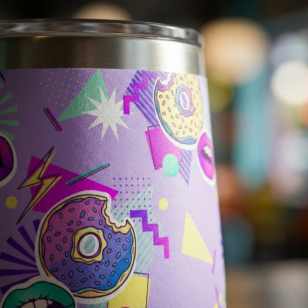 Detail shot - LAMOSE Peyto 12 oz insulated mug featuring a light purple background with a pop art pattern of donuts, lips, and lightning bolts.