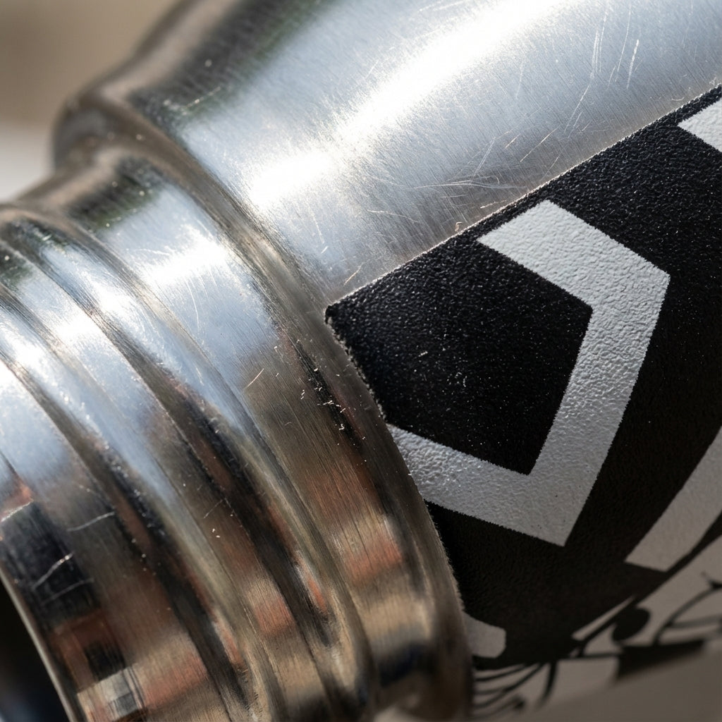 Detail shot - LAMOSE Robson 21 oz insulated water bottle featuring a complex black and white geometric abstract pattern with zig-zags and swirls.