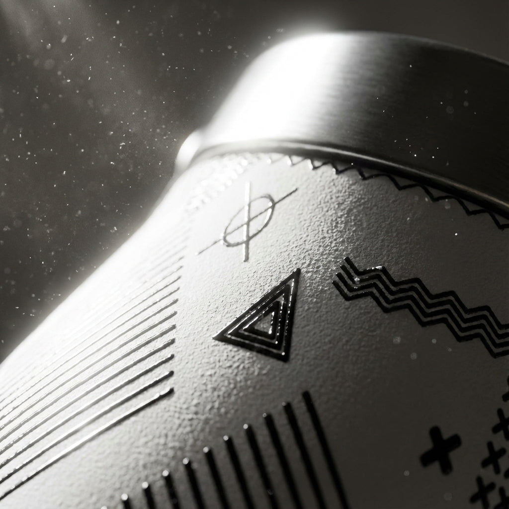 Detail shot - White LAMOSE Robson 21 oz insulated water bottle featuring black geometric doodle patterns sitting on a minimalist wooden desk next to a laptop and succulent.