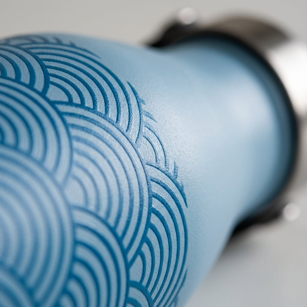 Detail shot - Light blue Robson 21oz insulated water bottle featuring a deep blue concentric semicircle wave pattern, sitting on a wooden table in a sunlit Scandinavian living room.