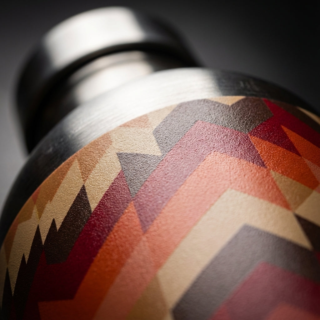 Detail shot - LAMOSE Robson 21 oz insulated water bottle featuring a warm red, orange, and tan chevron geometric pattern with a metallic silver cap and black handle.