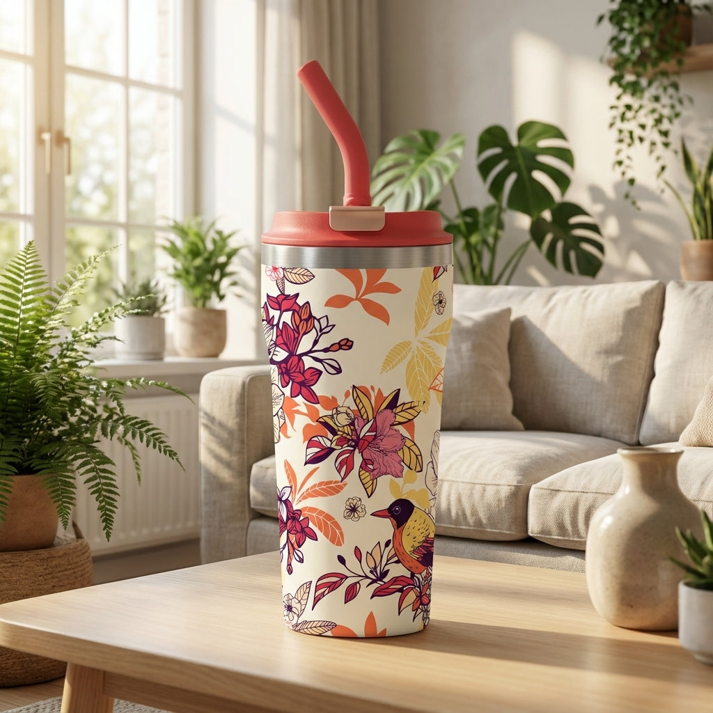 Cream colored 16oz tumbler with coral straw featuring red and purple flowers and birds sitting on a wooden table in a sunlit living room.