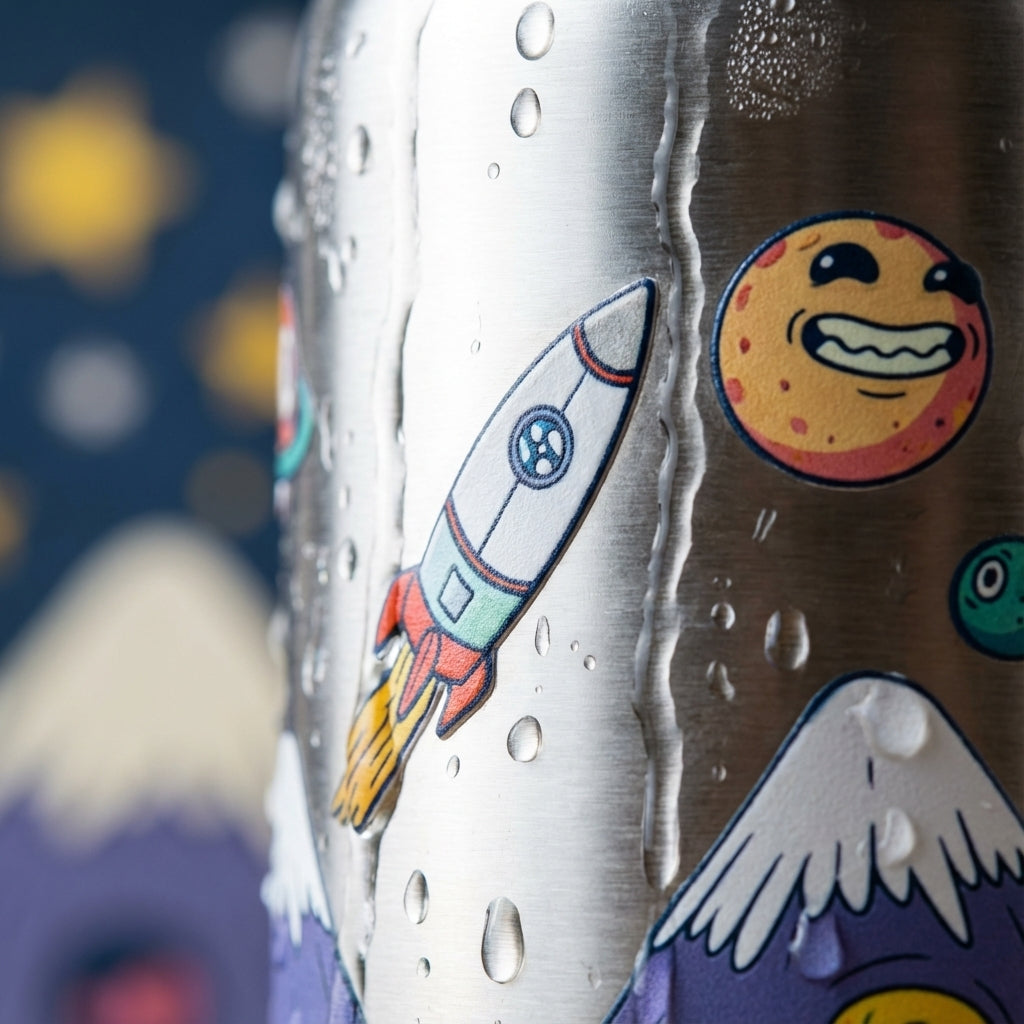 Detail shot - LAMOSE Goose 14oz kids water bottle with orange lid featuring a cartoon girl astronaut, rocket ship, and smiling planets against a dark blue starry sky