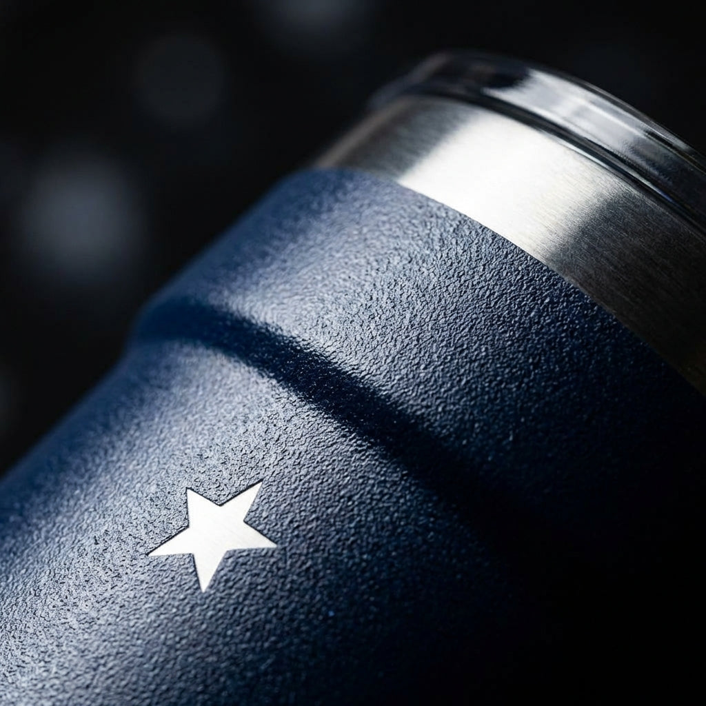 Detail shot - Peyto 16oz insulated tumbler featuring a dark blue gradient night sky pattern with white stars and a green grass base sitting on a wooden surface.