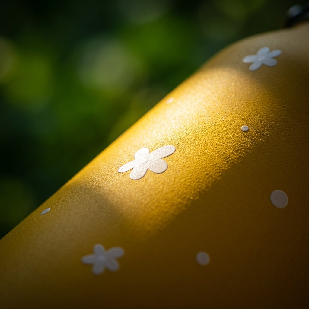 Detail shot - LAMOSE Grouse 34 oz yellow insulated tumbler with white daisy floral and polka dot pattern sitting on a wooden outdoor table.