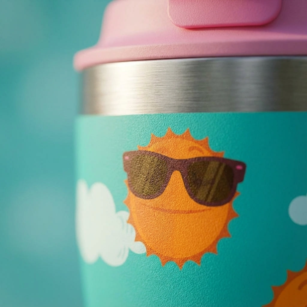 Detail shot - 16 oz turquoise insulated tumbler with pattern of orange smiling suns and white clouds, featuring a pink slider lid and turquoise straw on a picnic blanket.