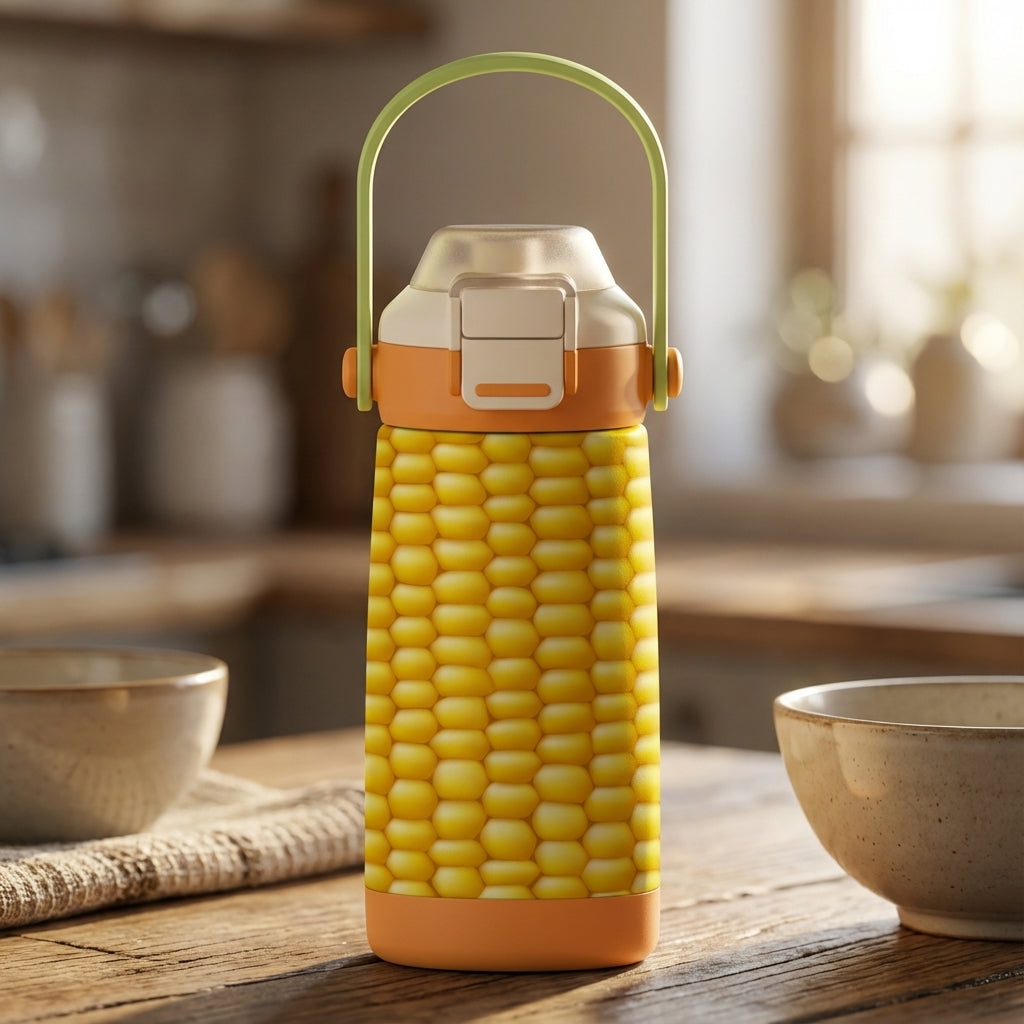 Close up of yellow corn on the cob pattern LAMOSE Goose 14oz water bottle sitting on a wooden kitchen table