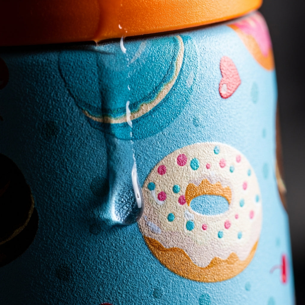 Detail shot - LAMOSE Goose 14oz kids water bottle featuring a playful pattern of donuts, macarons, and cherries on a light blue background with orange accents and green handle