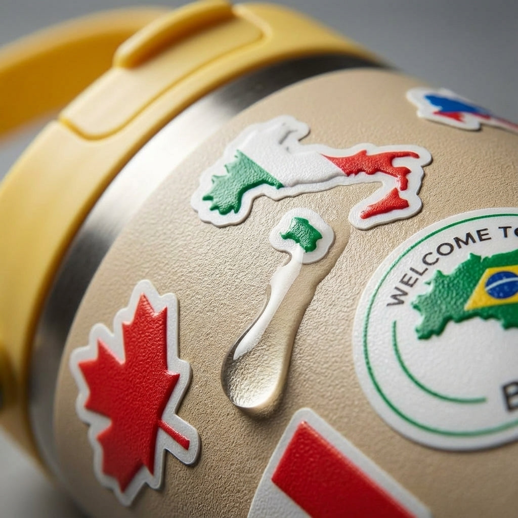 Detail shot - Tan Cascade 40 oz insulated tumbler featuring a collage of international country flag stickers and a yellow handle, sitting on a desk with travel maps.