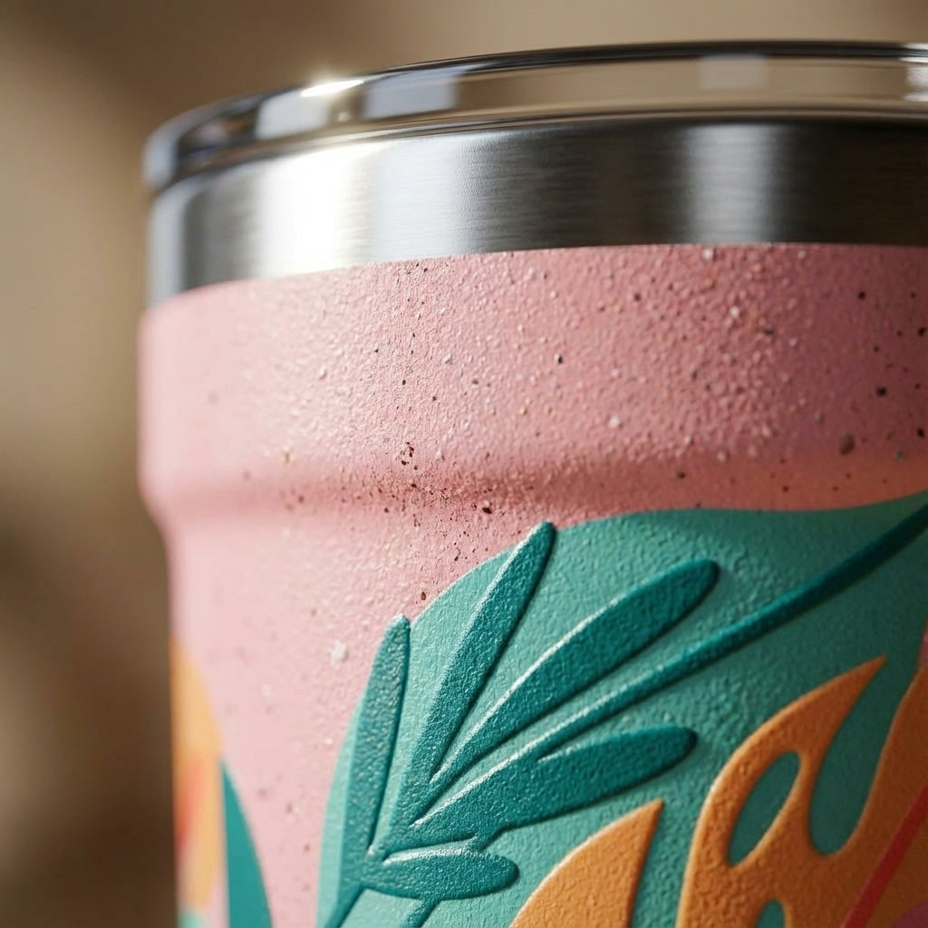 Detail shot - Peyto 16oz pink speckled tumbler featuring stylized orange, teal, and green tropical leaves sitting on a wooden coaster.