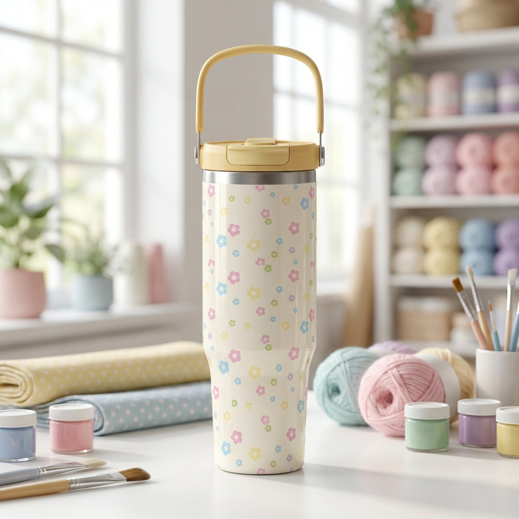 Cream colored 40 oz insulated tumbler with pastel flower pattern sitting on a white crafting table surrounded by yarn and knitting needles