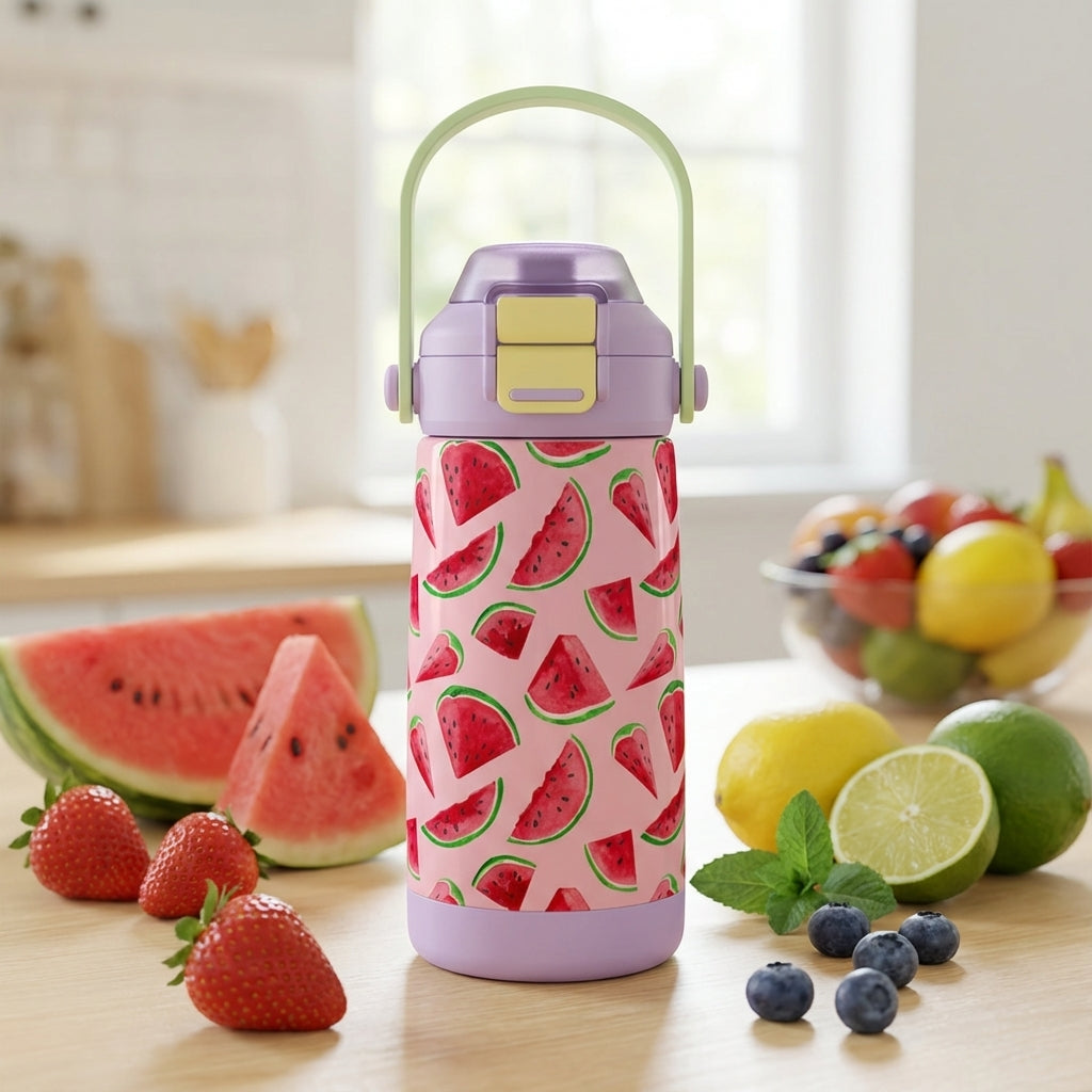 14oz kids water bottle with watercolor watermelon pattern, pink body, purple lid, and green handle surrounded by fresh fruit slices.