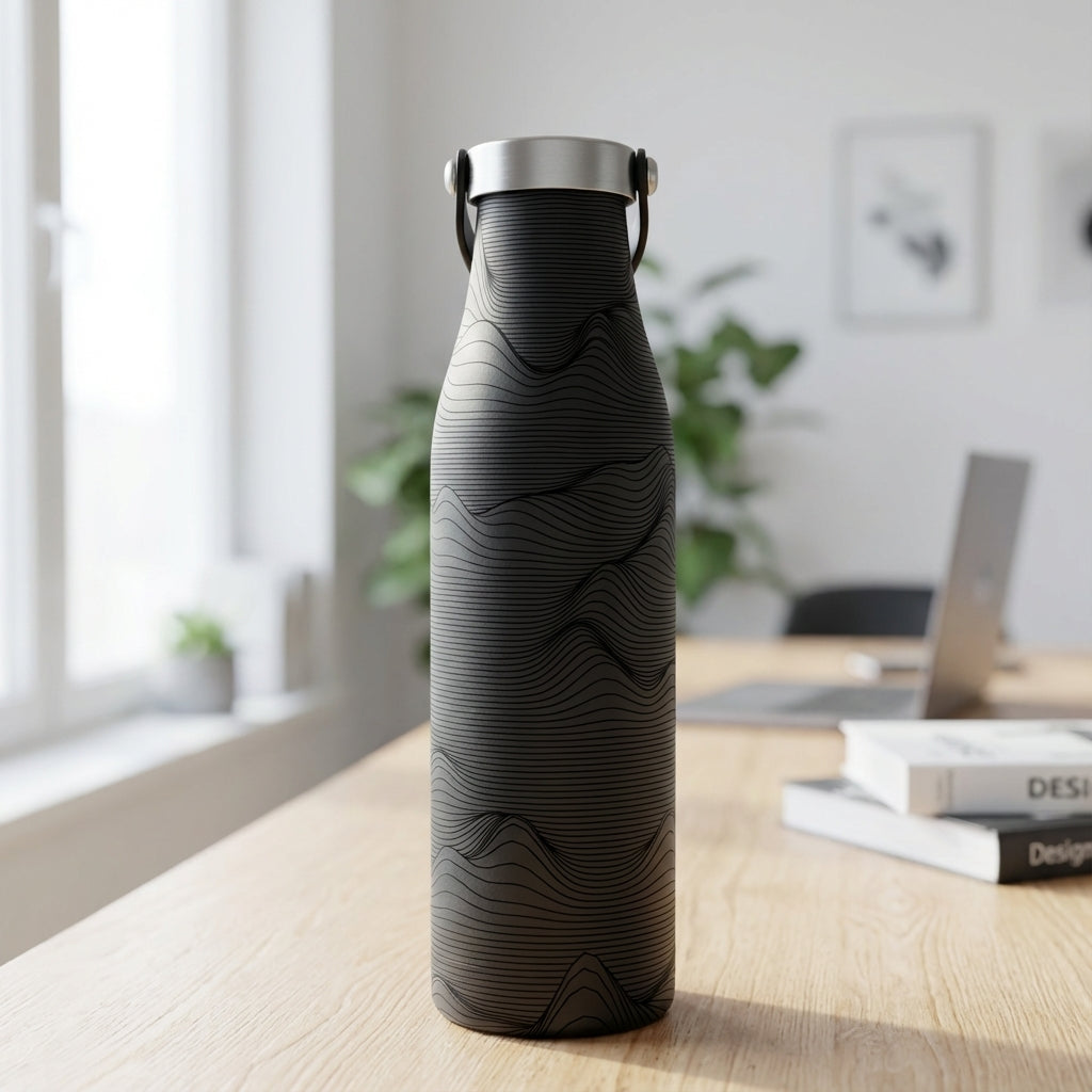 Matte black Robson 21 oz insulated water bottle featuring a silver abstract topographic contour line pattern