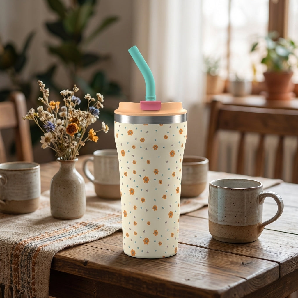 Close-up of cream LAMOSE Bow 16 oz tumbler with orange flowers and blue heart pattern, peach lid and turquoise straw sitting on a wooden table.