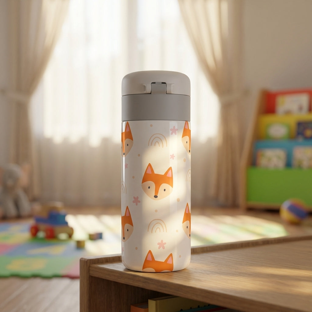 White LAMOSE Emerald 12 oz tumbler featuring a pattern of orange foxes, tan rainbows, and pink flowers with a grey spill-proof lid.