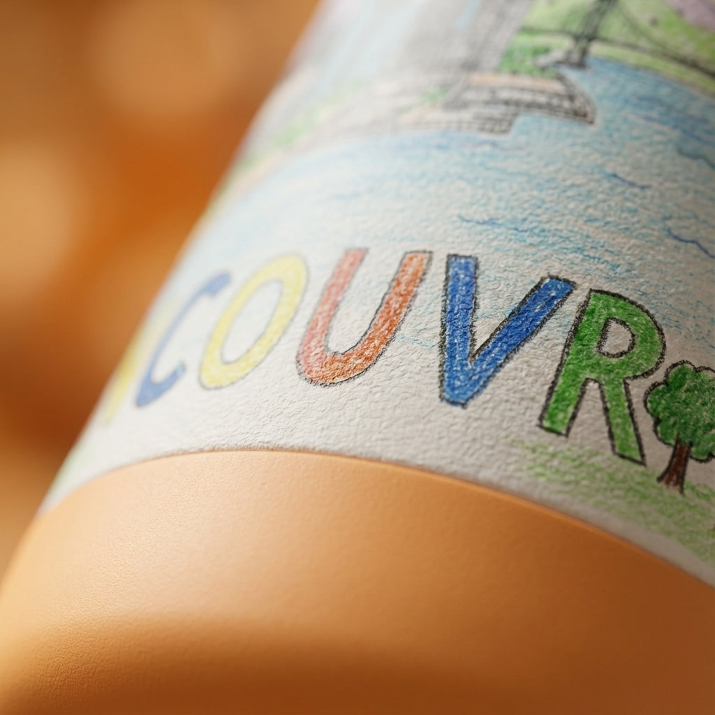 Detail shot - LAMOSE Goose 14oz kids water bottle featuring a hand-drawn Vancouver cityscape illustration with rainbow, mountains, and trees on a light orange and green body.