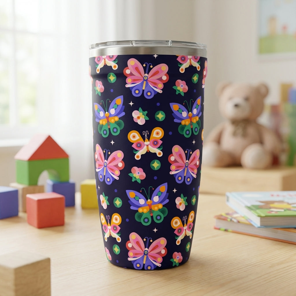 LAMOSE Peyto 16oz travel cup featuring a deep blue background with a colorful pattern of pink, blue, and orange butterflies and floral shapes.