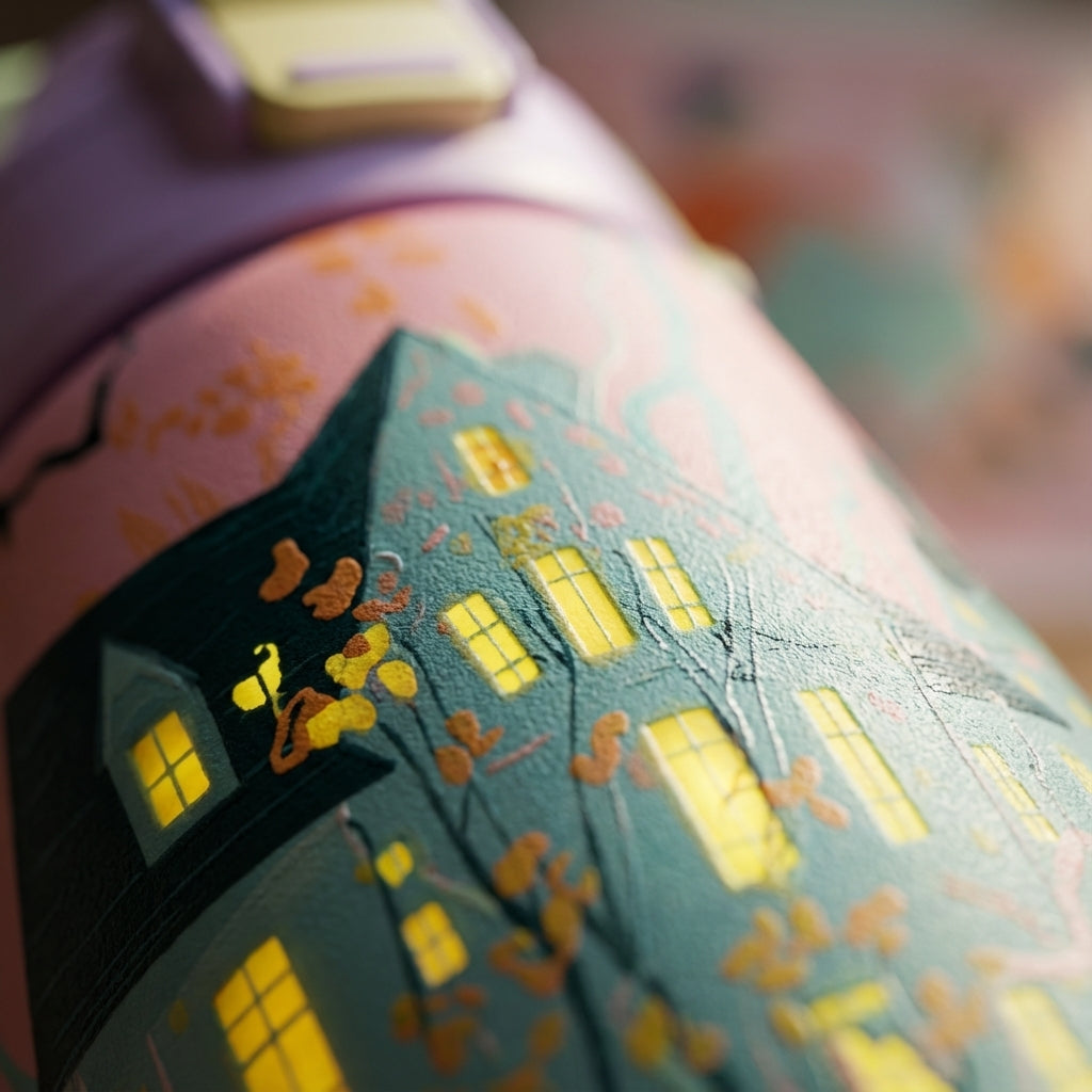 Detail shot - Pink LAMOSE Goose 14oz kids water bottle featuring an illustration of a teal house with glowing yellow windows surrounded by colorful forest foliage.