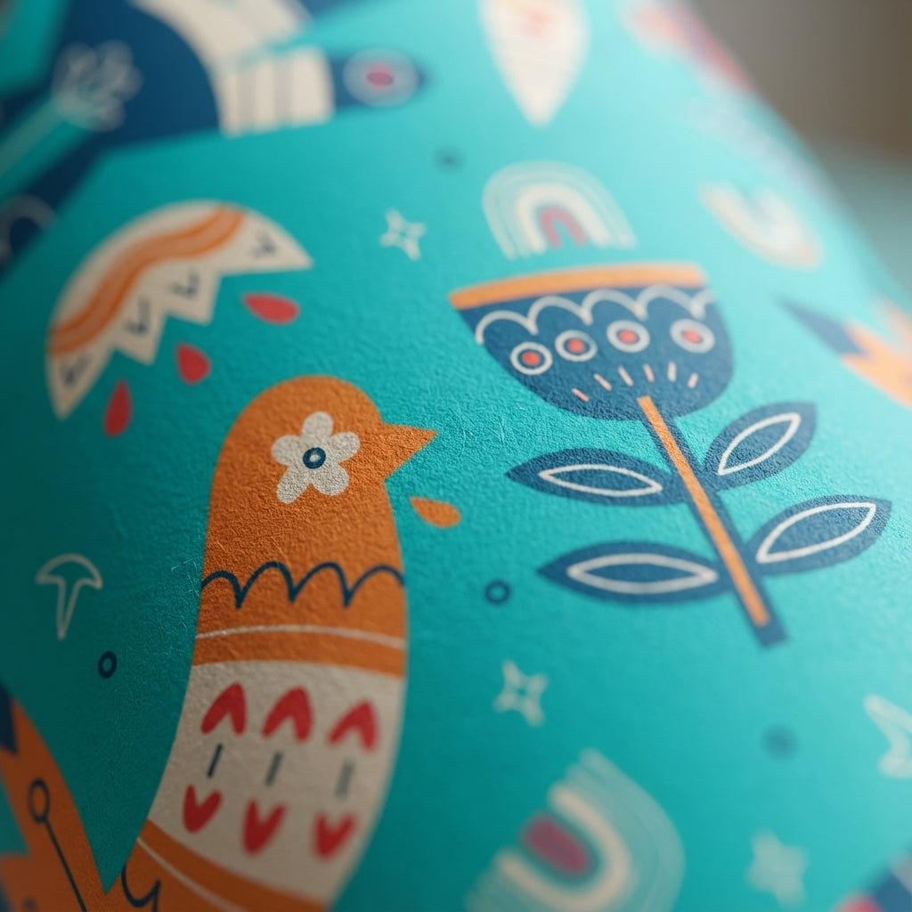 Detail shot - Turquoise 16oz insulated tumbler with a whimsical pattern of orange birds, blue flowers, and rainbows, featuring a tan lid and blue-green straw.