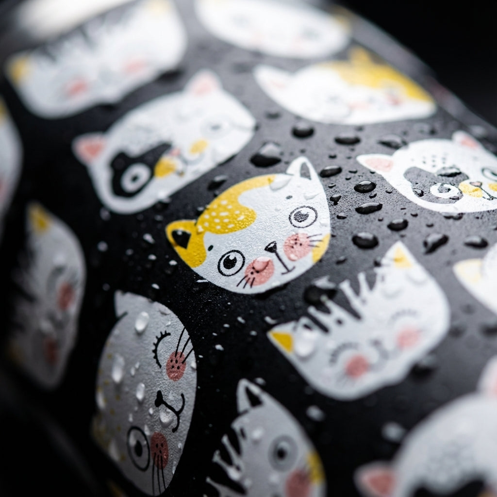 Detail shot - A sleek black 16 oz insulated tumbler featuring a pattern of cute cartoon cat faces in white, grey, and yellow, with a black straw.