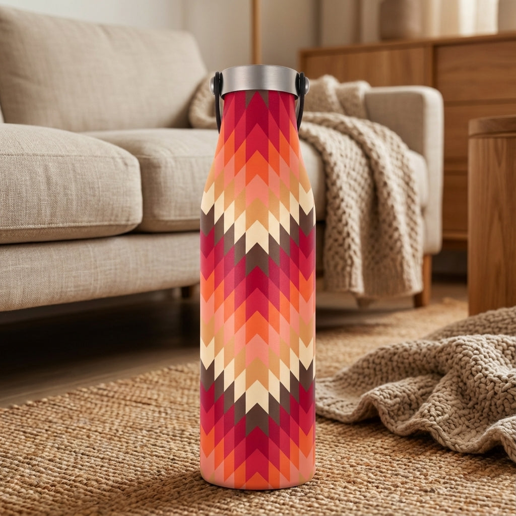 LAMOSE Robson 21 oz insulated water bottle featuring a warm red, orange, and tan chevron geometric pattern with a metallic silver cap and black handle.
