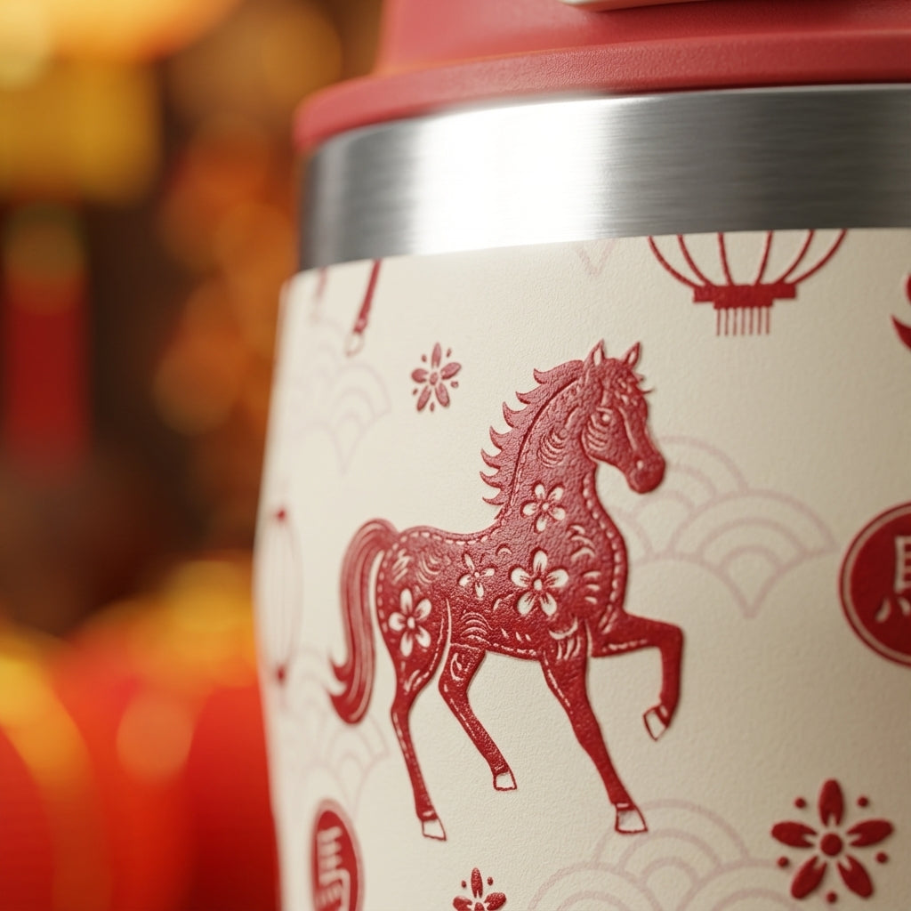Detail shot - LAMOSE Bow 16 oz tumbler featuring 2026 Year of the Horse design with red lanterns, stylized horses, and gold ingots on a cream background with red straw.