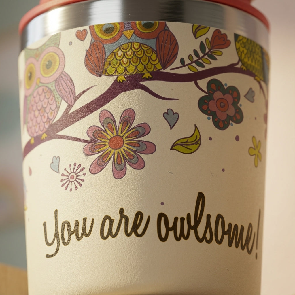 Detail shot - Beige 16oz stainless steel tumbler featuring colorful owls on a branch illustration with 'You Are Owlsome' text and matching coral red straw.
