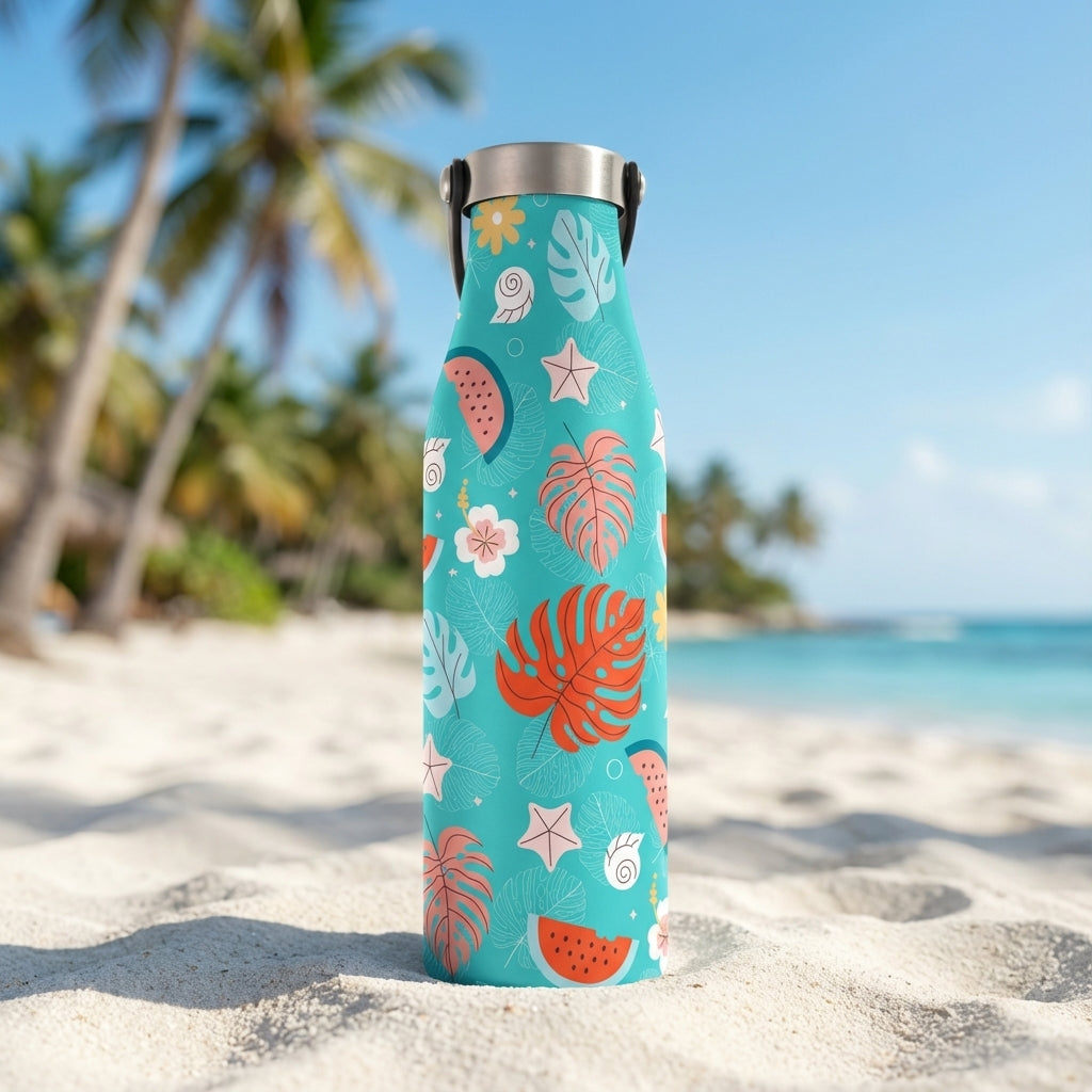 Teal LAMOSE Robson 21 oz insulated bottle featuring a seamless pattern of red watermelons, tropical leaves, yellow flowers, and white seashells.
