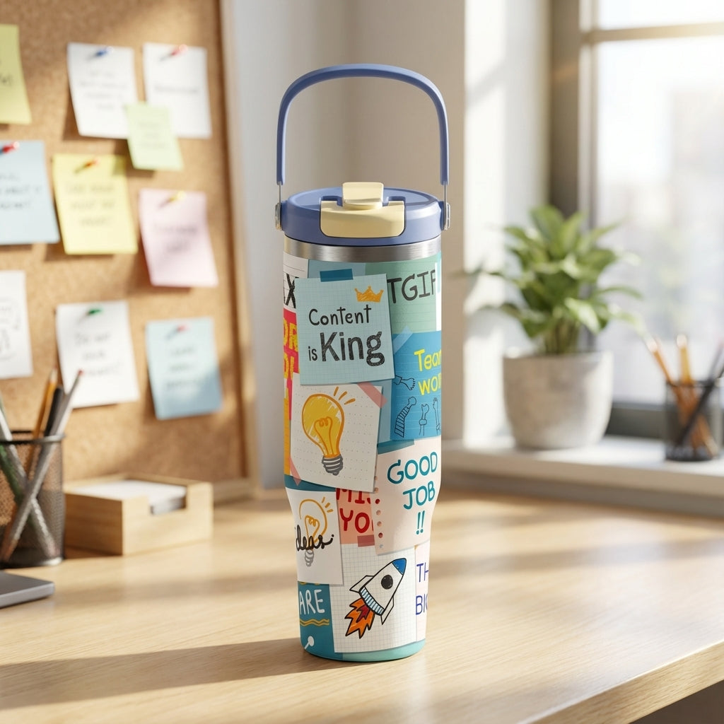 LAMOSE Cascade 40 oz tumbler with blue base and motivational sticky note graphics featuring lightbulbs, rockets, and office doodles.