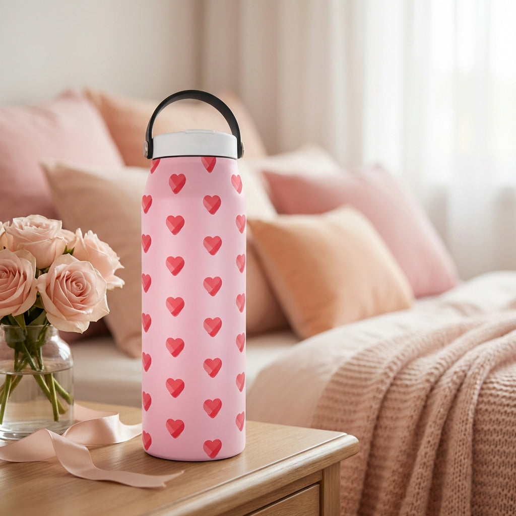LAMOSE Grouse 34 oz insulated water bottle featuring a light pink background with a geometric faceted red heart pattern, white lid, and black handle.