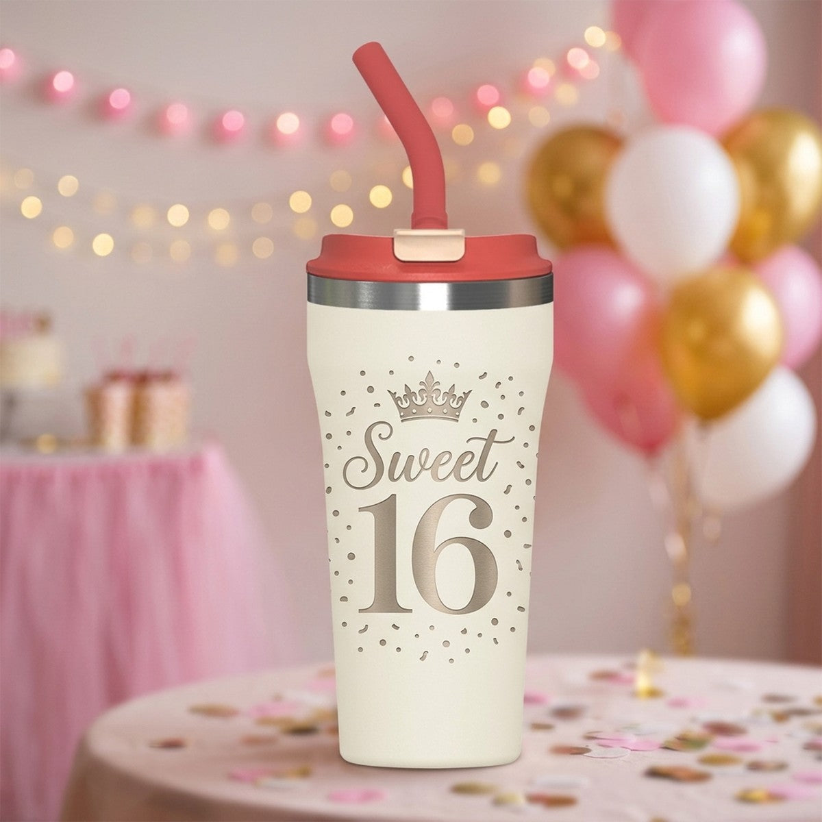 "Sweet 16" Engraved Bow 16oz Straw Tumbler — Snow