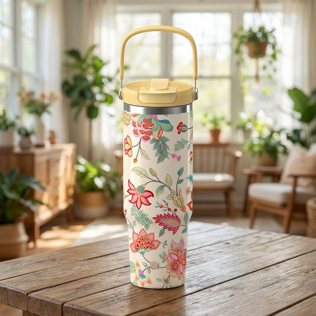 Cream beige Cascade 40 oz tumbler with vibrant red and teal floral vine pattern and pastel yellow handle sitting on a sunlit wooden table.